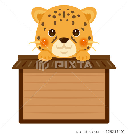 Character illustration of a cheetah riding a wooden sign 129235401