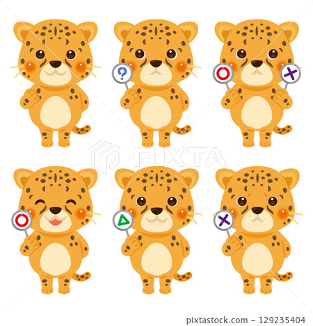 獵豹角色插畫集手持圓形、圓形、三角形或三角形卡片 獵豹角色插畫集手持圓形、圓形、三角形或三角形卡片 129235404