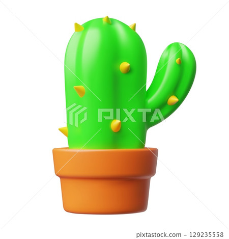 3d Green cactus in brown ceramic pot, prickly houseplant. 3d Green cactus in brown ceramic pot, prickly houseplant. 129235558