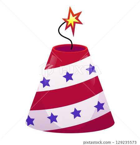 Cone firecracker with American flag symbols, red stripes and blue stars, burning fuse. 129235573