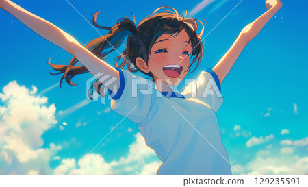 夏日藍天，身穿運動服、綁著雙馬尾的女孩，張開雙臂跳躍，動漫風格 129235591