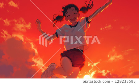 Akane Sky and a girl in gym clothes with twin tails jumping with arms outstretched, anime style 129235593