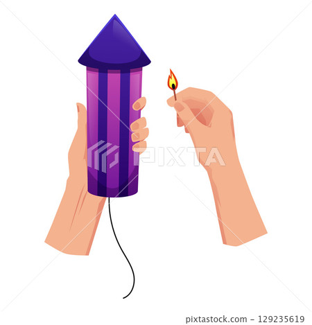 Human hands holding striped rocket firecracker and lit match, launching fireworks. Human hands holding striped rocket firecracker and lit match, launching fireworks. 129235619