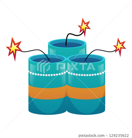 Bunch of three firecrackers, blue with stripes, fuse and burning flame. 129235622