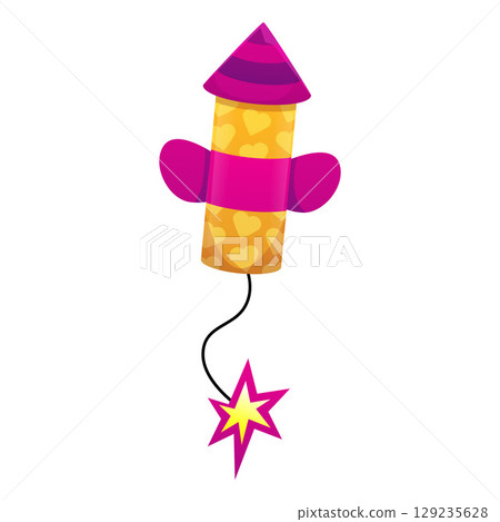 Pyrotechnic rocket, bright, yellow pink, with wick and flame. 129235628