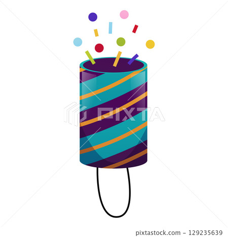 Striped firecracker with bright confetti, Diwali celebration. 129235639