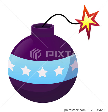 Round firecracker bomb, with blue stripe and stars, with wick and flame. 129235645