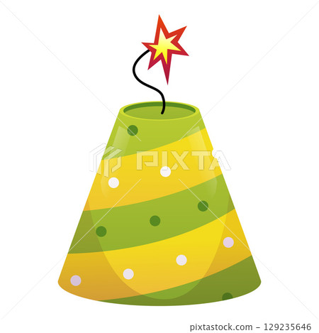 Cone firecracker, with green and yellow stripes, wick and burning flame. Cone firecracker, with green and yellow stripes, wick and burning flame. 129235646