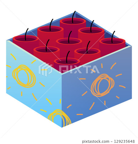 Red firecrackers with fuses packed in a box, pyrotechnics. 129235648