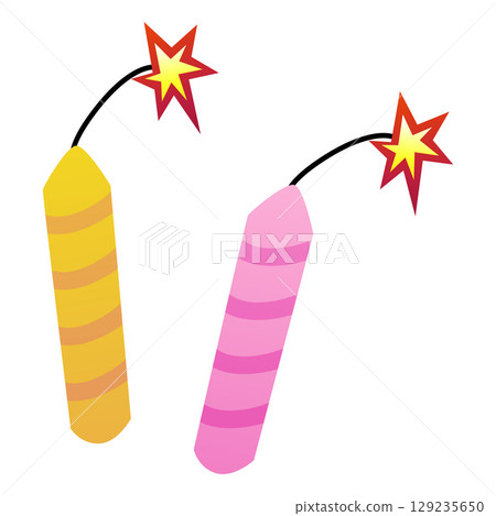 Two long striped firecrackers, yellow and pink, with a wick and flame. 129235650