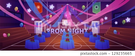 Interior of graduation party in school gym, balloons, ribbons, tables, confetti, benches, night. 129235665