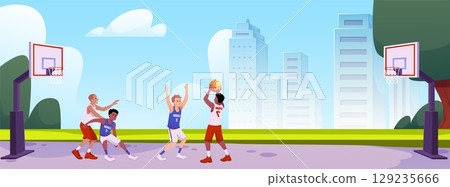Outdoor sports ground, children playing basketball, trees, hoop, city, sky. 129235666