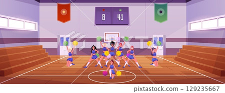 School gym, interior, cheerleader performance, wooden stands, scoreboard, windows, door, marking. School gym, interior, cheerleader performance, wooden stands, scoreboard, windows, door, marking. 129235667