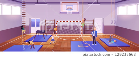 School gym interior, students with teacher, mats, rope, gates, basketball hoop, stairs. School gym interior, students with teacher, mats, rope, gates, basketball hoop, stairs. 129235668