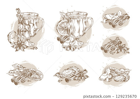 Hand drawn engraved glass of mulled wine with spices and fruits, apples, berries and cinnamon sticks vector sketch 129235670