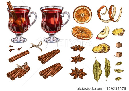 Set with icons for preparation of Mulled wine with fruits and spices. Set with icons for preparation of Mulled wine with fruits and spices. 129235676