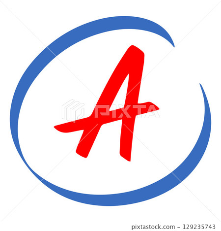 Exam score red marker symbol, grade result - A, high test letter in blue circle, handwritten student evaluation sign 129235743