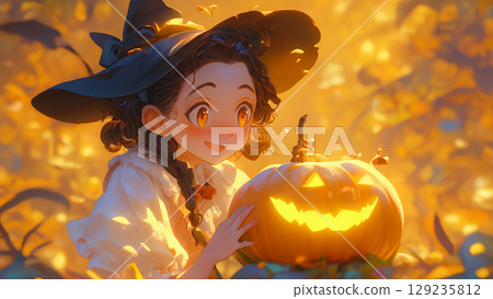 Halloween jack-o-lantern and witch girl in autumn forest, anime style 129235812