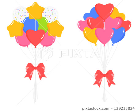 Set of balloons with ribbons, star-shaped, heart-shaped and confetti balloons Set of balloons with ribbons, star-shaped, heart-shaped and confetti balloons 129235824