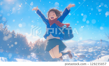 Student girl jumping with arms outstretched in a snowy city, anime style 129235857
