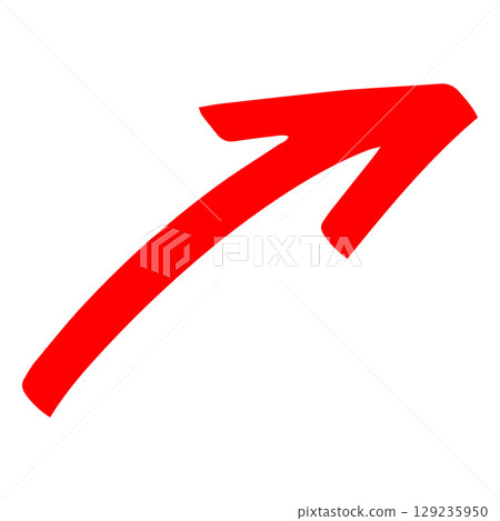 Red marker curve arrow symbol, vector handwritten scribble brush element, doodle pointer mark right direction sign 129235950