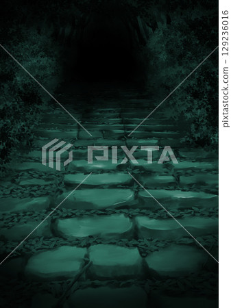 Landscape illustration of mossy stone steps leading into the darkness in the dark mountains, green Landscape illustration of mossy stone steps leading into the darkness in the dark mountains, green 129236016