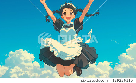 Summer blue sky and a maid girl jumping with her hands raised, anime style 129236119