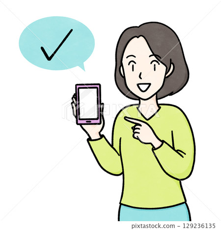 Color illustration of a young woman making a cashless payment with her smartphone 129236135