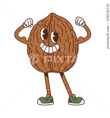 Cartoon groovy walnut strong and happy character. Healthy food and natural nutrition nut Y2K vector cheerful character. Whole walnut isolated happy personage or groovy mascot showing biceps muscles 129236138