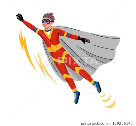 Cartoon kid superhero character. Vector boy flying with a gray cape and red yellow costume, exuding action and bravery with a confident expression and speed effects, symbolizing strength and heroism 129236143