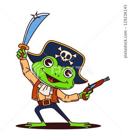 Cartoon frog animal pirate and corsair ship crew character wearing a navy captain hat, and holding sword and gun. Isolated vector toad buccaneer personage, conveying an adventurous and brave spirit 129236145