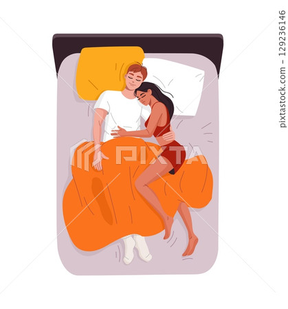 Young couple sleeping peacefully and cuddle in bed while embracing under blanket. Flat vector scene symbolizing warmth, love and closeness in a shared moment of connection and intimacy in home setting 129236146