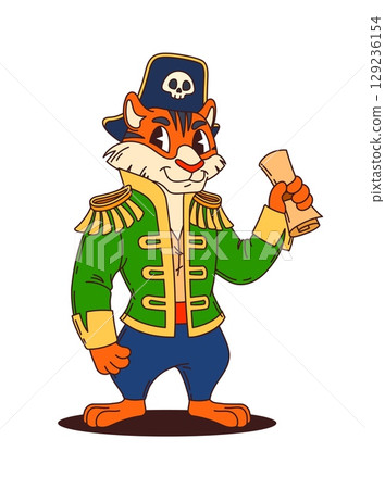 Cartoon funny tiger pirate and corsair animal character with a scroll and captain costume. Isolated vector swashbuckling, striped jungle cat personage captures the excitement of nautical adventures Cartoon funny tiger pirate and corsair animal character with a scroll and captain costume. Isolated vector swashbuckling, striped jungle cat personage captures the excitement of nautical adventures 129236154