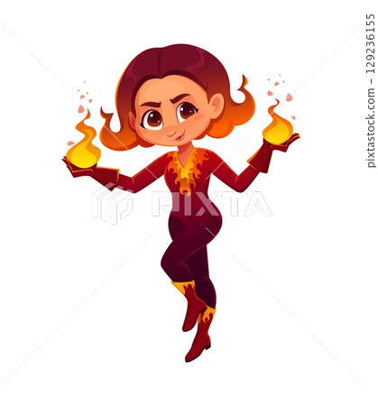 Kids superhero character, cartoon vector confident superhero girl controls flames with her hands, dressed in a fiery red and yellow costume with fire motifs. Personage for fantasy game or comic book Kids superhero character, cartoon vector confident superhero girl controls flames with her hands, dressed in a fiery red and yellow costume with fire motifs. Personage for fantasy game or comic book 129236155