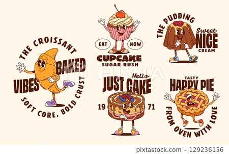 Groovy dessert characters t shirt print and posters. Whimsical cartoon vector croissant, cupcake, pudding, cake, and pie y2k sweet bakery food personages with smiling faces paired with playful slogans Groovy dessert characters t shirt print and posters. Whimsical cartoon vector croissant, cupcake, pudding, cake, and pie y2k sweet bakery food personages with smiling faces paired with playful slogans 129236156