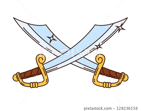 Cartoon groovy two gleaming pirate and corsair sabers cross. Vector swords, symbol of fight and piracy. Crossed scimitars with shiny curved blades and golden hilts evoking adventure and battle spirit 129236158