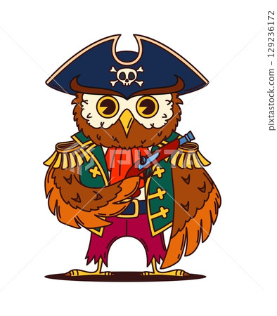 Cartoon owl animal pirate and corsair captain ship crew character wearing navy coat, tricorn hat and holding a gun. Vector owlet bird adventurous swashbuckler personage, ready for maritime adventures 129236172