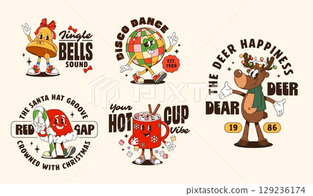 Funny Christmas groovy characters t shirt print and posters evoke cheerful holiday vibe. Cartoon vector cute Xmas bell, disco ball, reindeer, hot cocoa mug and Santa hat personages with retro fun text 129236174