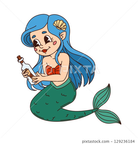 Cartoon groovy mermaid character holding a bottle with message inside. Adorable cute underwater sea princess with blue flowing hair and green tail, vector personage of magical pirate adventure story 129236184