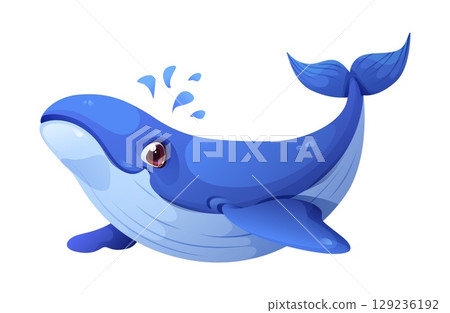 Cartoon blue whale character with smiling face and water splash. Isolated vector sea cachalot, friendly aquatic personage, marine ocean animal. Cute sea creature with smooth body and expressive eyes 129236192