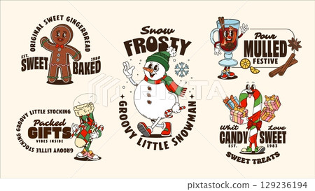 Christmas groovy cartoon characters shirt print and posters. Vector retro Xmas holiday cheerful gingerbread man, snowman, mulled drink, candy cane and stocking, each with playful vintage typography 129236194