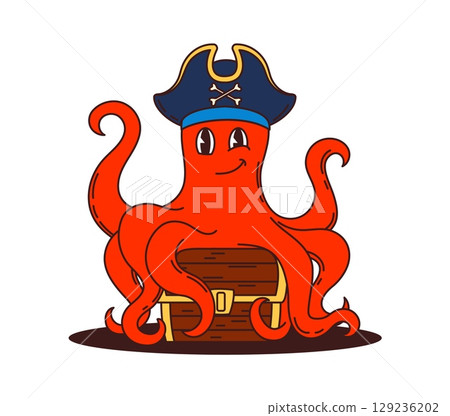 Cartoon funny octopus animal pirate and corsair character. Isolated vector groovy kraken captain retro y2k personage guarding treasure chest with a loot, engaged in nautical adventure on the high seas 129236202