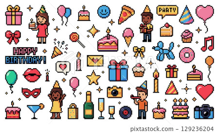 Birthday holiday 8bit pixel game icons and pictograms. Vector retro party set featuring cakes, balloons, gifts, party hats, drinks, and cheerful characters, exude celebrations or nostalgic events 129236204