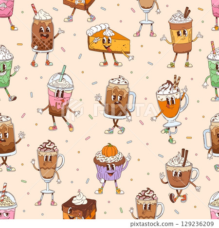 Hippie groovy dessert characters seamless pattern. Vector tile background with cartoon coffee, milkshake beverages, cupcakes and pies funky confectionery retro y2k personages with expressive faces 129236209