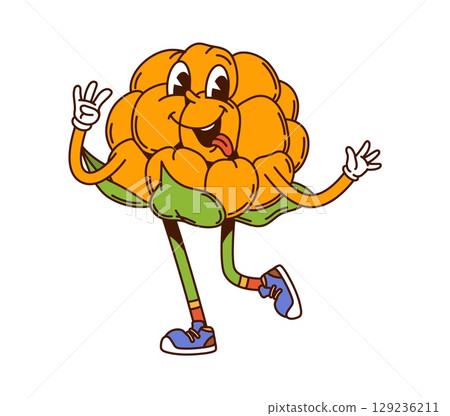 Cartoon groovy hippie cloudberry berry character with funny silly face, vector freaky fruit. Groovy cloudberry berry with tongue out and trippy smile in hippie shoes for retro cartoon fruit character 129236211