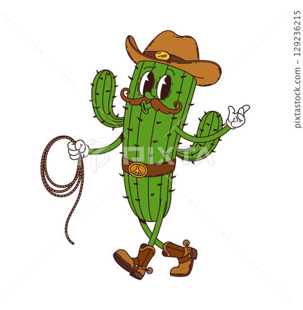 Groovy wild west cactus cowboy character with lasso rope. Cartoon western hippie succulent rancher personage ready for rodeo adventures. Isolated vector funky y2k spiky retro cactus country cowpuncher 129236215