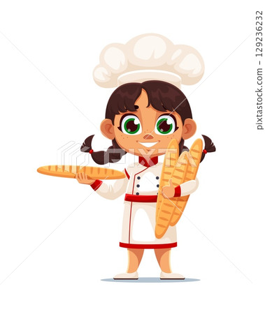 Cartoon cute girl baker in white uniform and chef hat smiling while holding baguettes. Vector cooking child representing culinary, joyful bakery work and fresh bread. Kid cook and baking in toque 129236232