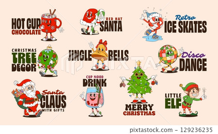 Christmas y2k groovy stickers of cartoon Santa Claus, elf and gift bag. Vector Christmas tree, red hat, Xmas bell and ornament ball characters. Retro y2k groovy disco ball, hot drink cups stickers set Christmas y2k groovy stickers of cartoon Santa Claus, elf and gift bag. Vector Christmas tree, red hat, Xmas bell and ornament ball characters. Retro y2k groovy disco ball, hot drink cups stickers set 129236235