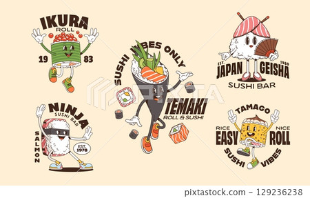 Groovy sushi roll characters for T shirt print and posters with cartoon Japanese food, vector personages. Groovy sushi stickers of sushi with funny faces, happy rice roll with funky ninja sushi 129236238