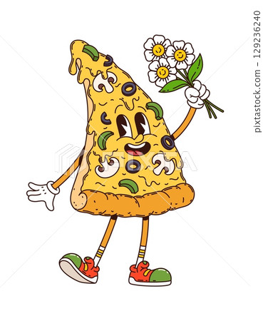 Groovy birthday party cartoon character, pizza with funny face and flowers, vector holiday emoji. Groovy pizza slice character with happy smile and daisy flowers for gift on birthday party celebration Groovy birthday party cartoon character, pizza with funny face and flowers, vector holiday emoji. Groovy pizza slice character with happy smile and daisy flowers for gift on birthday party celebration 129236240